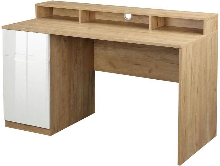 andas Schreibtisch Lund (Computertisch mit Kabeldurchlass & Schublade), Monitoraufsatz, Hochglanzfronten, Breite 140 cm, beige von andas