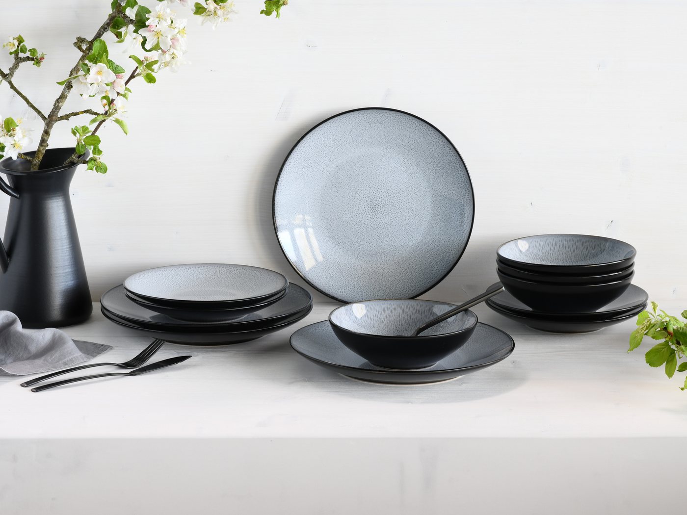 my home Tafelservice modernes Geschirr-Set, Service Grönvik (12-tlg), 4 Personen, Steinzeug, mit Reaktivglasur, spülmaschinengeeignet & mikrowellengeeignet von my home