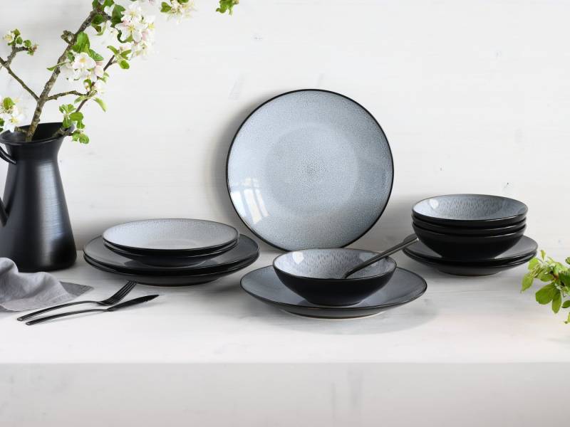my home Tafelservice modernes Geschirr-Set, Service Grönvik (12-tlg), 4 Personen, Steinzeug, mit Reaktivglasur, spülmaschinengeeignet & mikrowellengeeignet von my home