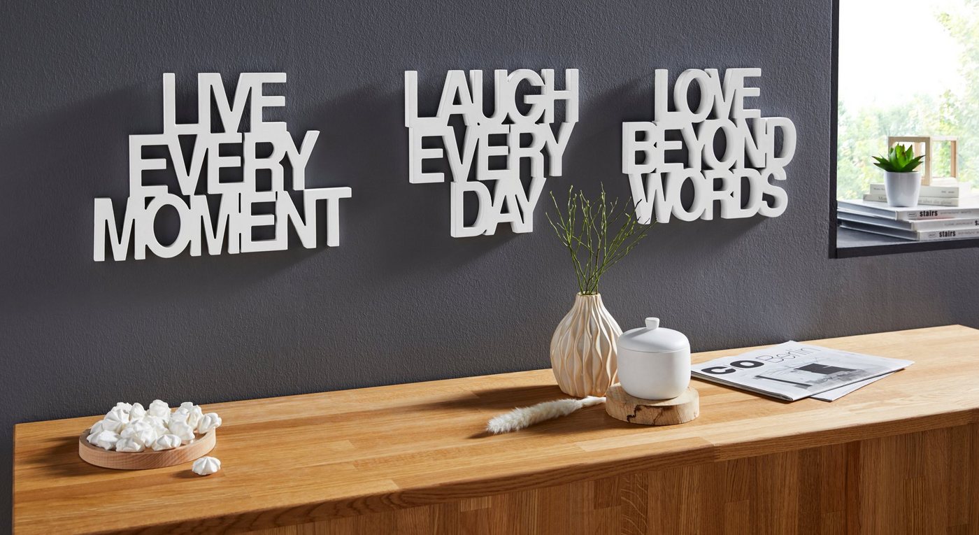 andas Wanddekoobjekt Schriftzug Live every Moment - Love beyond Words - Laugh every Day (3 St), Wanddeko von andas