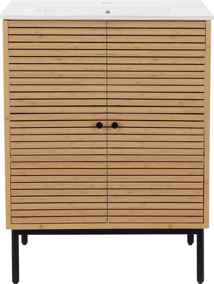 andas Waschtisch Bali Badschrank mit Waschbecken, Waschplatz aus Bambus mit 2 Türen, Breite 60cm Natur von andas