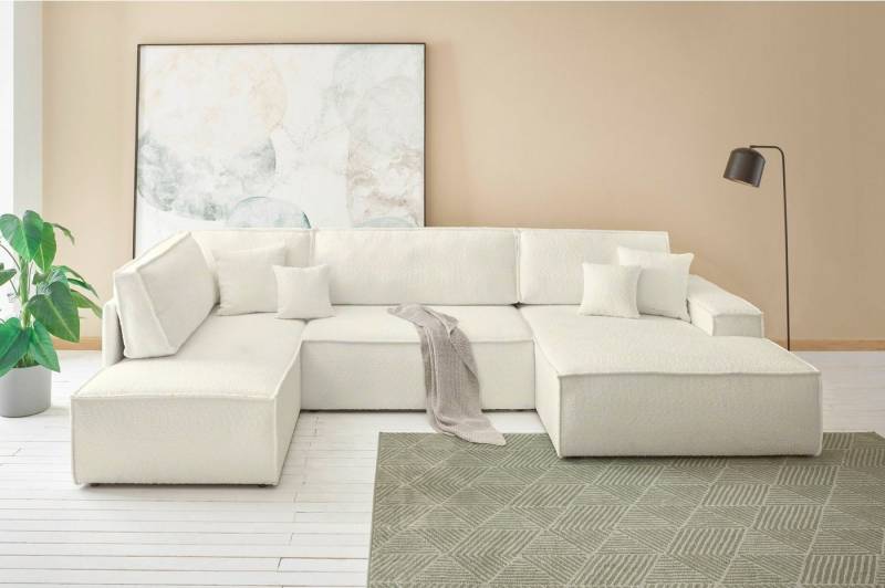andas Wohnlandschaft FINNLEY U-Form XXL 329 cm, Schlafsofa, Schlaffunktion m. Bettkasten, (194/139 cm), Bouclé, Struktur und Cord von andas