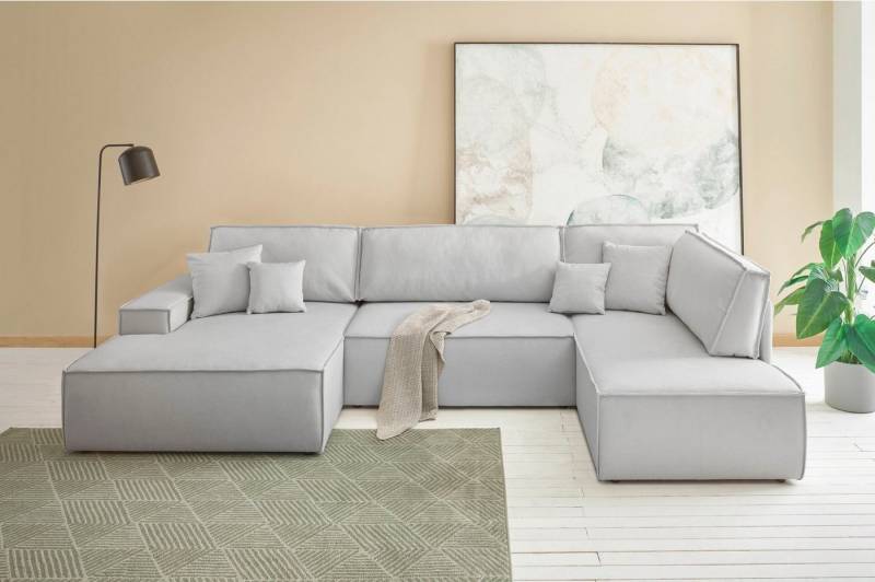 andas Wohnlandschaft FINNLEY U-Form XXL 329 cm, Schlafsofa, Schlaffunktion m. Bettkasten, (194/139 cm), Bouclé, Struktur und Cord von andas