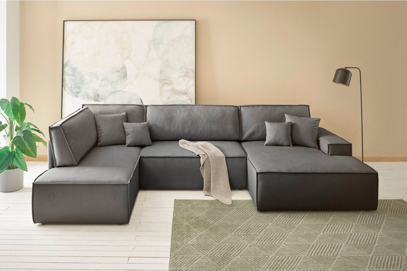 andas Wohnlandschaft FINNLEY U-Form XXL 329 cm, Schlafsofa, Schlaffunktion m. Bettkasten, (194/139 cm), Bouclé u. Struktur von andas