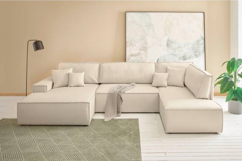 andas Wohnlandschaft FINNLEY U-Form XXL 329 cm, Schlafsofa, Schlaffunktion m. Bettkasten, (194/139 cm), Bouclé, Struktur und Cord von andas