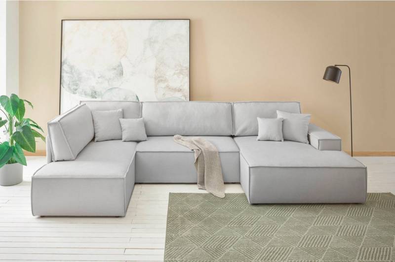 andas Wohnlandschaft FINNLEY U-Form XXL 329 cm, Schlafsofa, Schlaffunktion m. Bettkasten, (194/139 cm), Bouclé, Struktur und Cord von andas