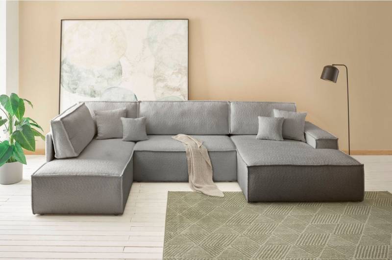 andas Wohnlandschaft FINNLEY U-Form XXL 329 cm, Schlafsofa, Schlaffunktion m. Bettkasten, (194/139 cm), Bouclé, Struktur und Cord von andas