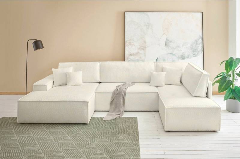 andas Wohnlandschaft FINNLEY U-Form XXL 329 cm, Schlafsofa, Schlaffunktion m. Bettkasten, (194/139 cm), Bouclé, Struktur und Cord von andas