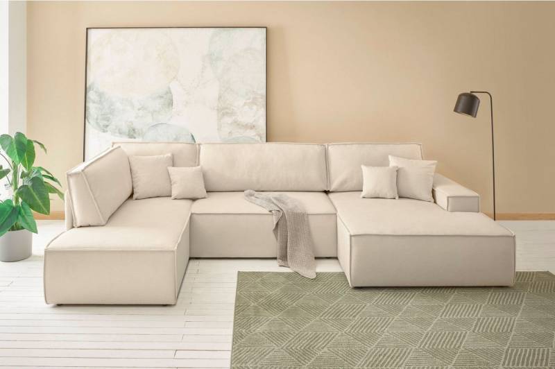 andas Wohnlandschaft FINNLEY U-Form XXL 329 cm, Schlafsofa, Schlaffunktion m. Bettkasten, (194/139 cm), Bouclé, Struktur und Cord von andas