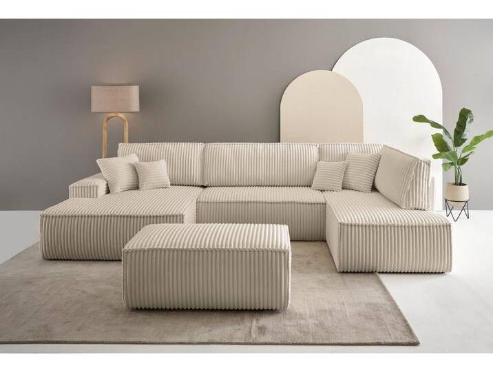 andas Wohnlandschaft FINNLEY U-Form XXL 329 cm, Schlafsofa, Schlaffunktion m. Bettkasten, (194/139 cm), Bouclé, Struktur und Cord, beige, creme von andas