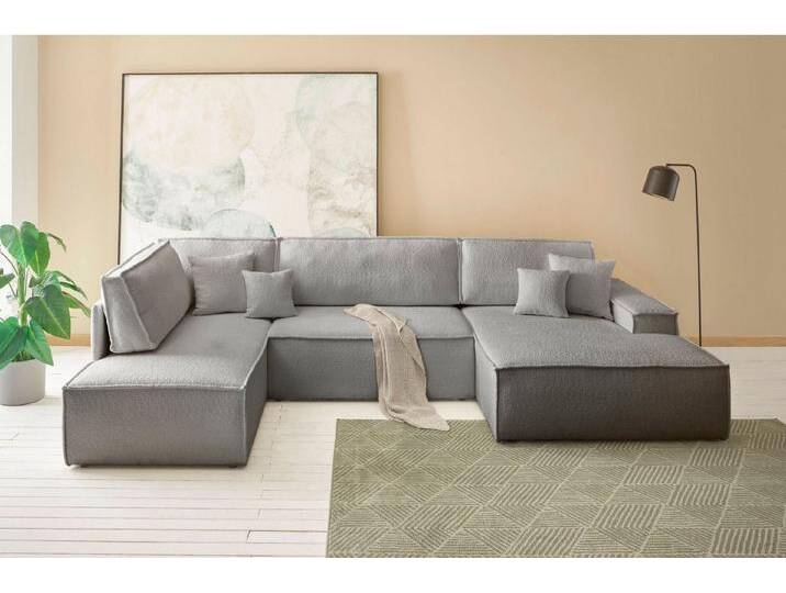 andas Wohnlandschaft FINNLEY U-Form XXL 329 cm, Schlafsofa, Schlaffunktion m. Bettkasten, (194/139 cm), Bouclé, Struktur und Cord, grau, grau von andas