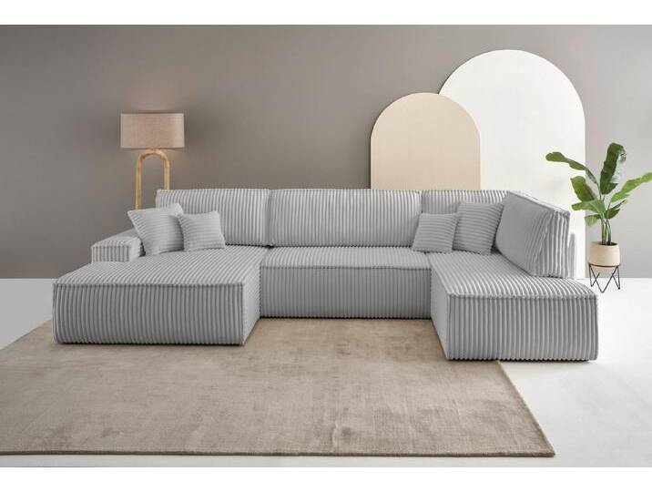 andas Wohnlandschaft FINNLEY U-Form XXL 329 cm, Schlafsofa, Schlaffunktion m. Bettkasten, (194/139 cm), Bouclé, Struktur und Cord, grau, grau von andas