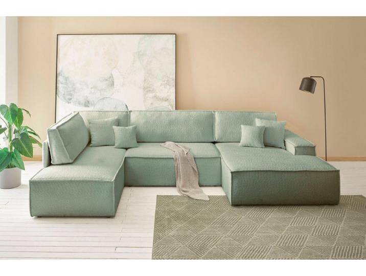 andas Wohnlandschaft FINNLEY U-Form XXL 329 cm, Schlafsofa, Schlaffunktion m. Bettkasten, (194/139 cm), Bouclé, Struktur und Cord, grün, mintgrün von andas