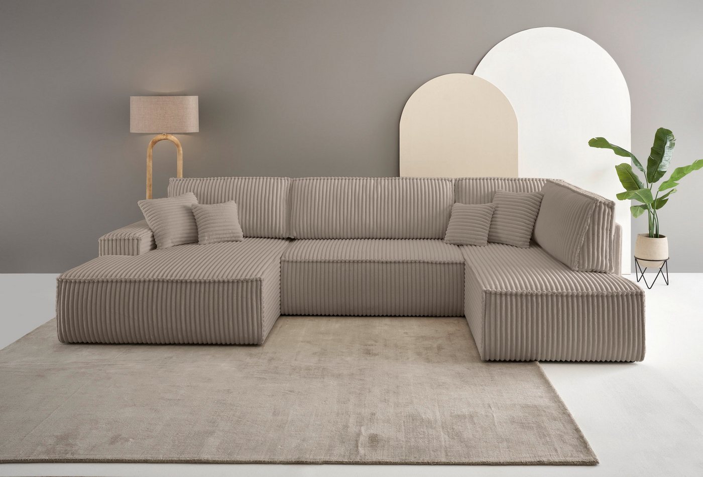 andas Wohnlandschaft FINNLEY U-Form XXL 329 cm, Schlafsofa, Schlaffunktion m. Bettkasten, (194/139 cm), Bouclé, Struktur und Cord von andas