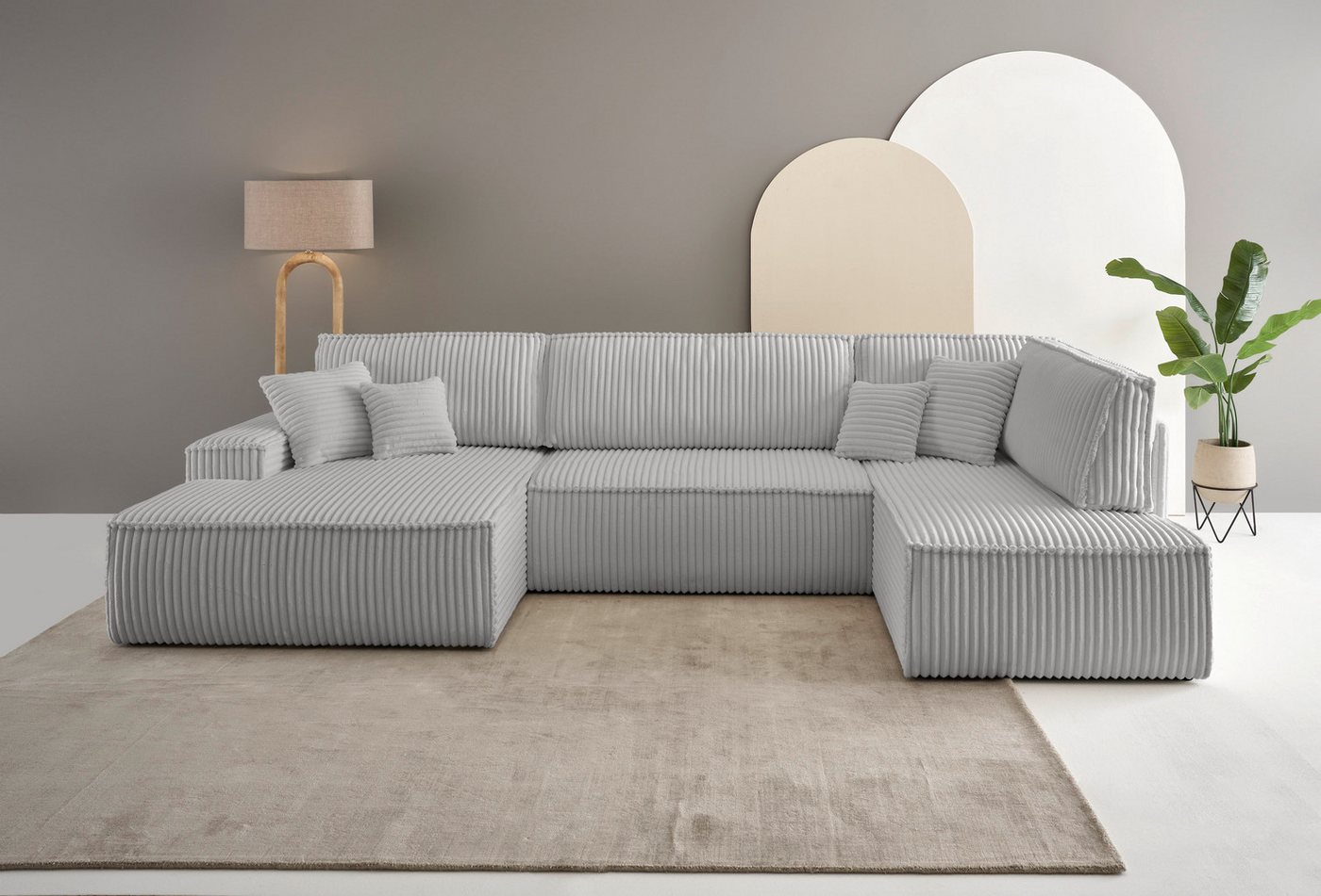 andas Wohnlandschaft FINNLEY U-Form XXL 329 cm, Schlafsofa, Schlaffunktion m. Bettkasten, (194/139 cm), Bouclé, Struktur und Cord von andas