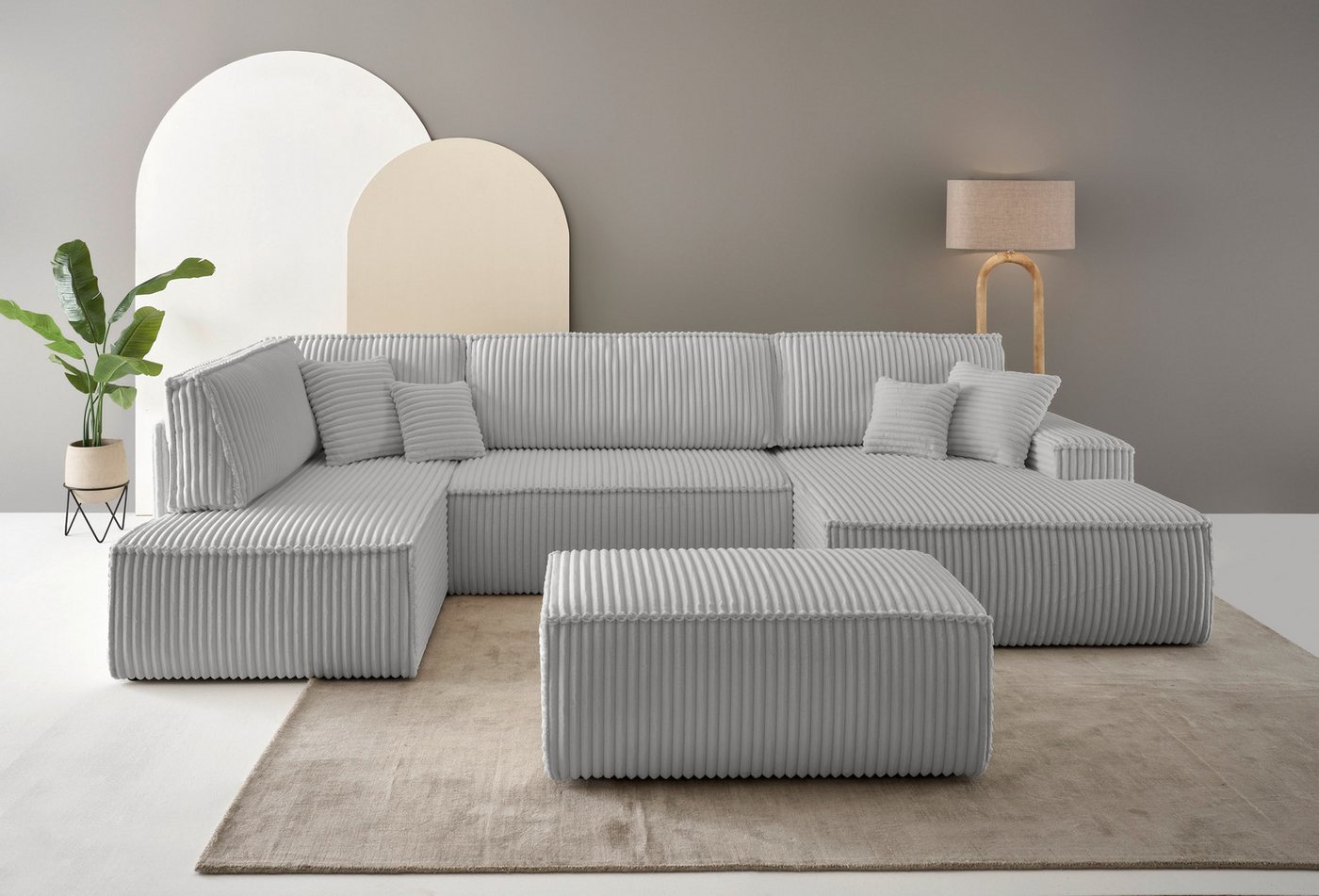 andas Wohnlandschaft FINNLEY U-Form XXL 329 cm, Schlafsofa, Schlaffunktion m. Bettkasten, (194/139 cm), Bouclé, Struktur und Cord von andas