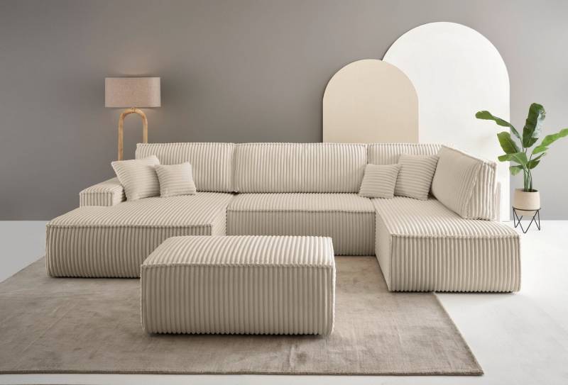 andas Wohnlandschaft FINNLEY U-Form XXL 329 cm, Schlafsofa, Schlaffunktion m. Bettkasten, (194/139 cm), Bouclé, Struktur und Cord von andas