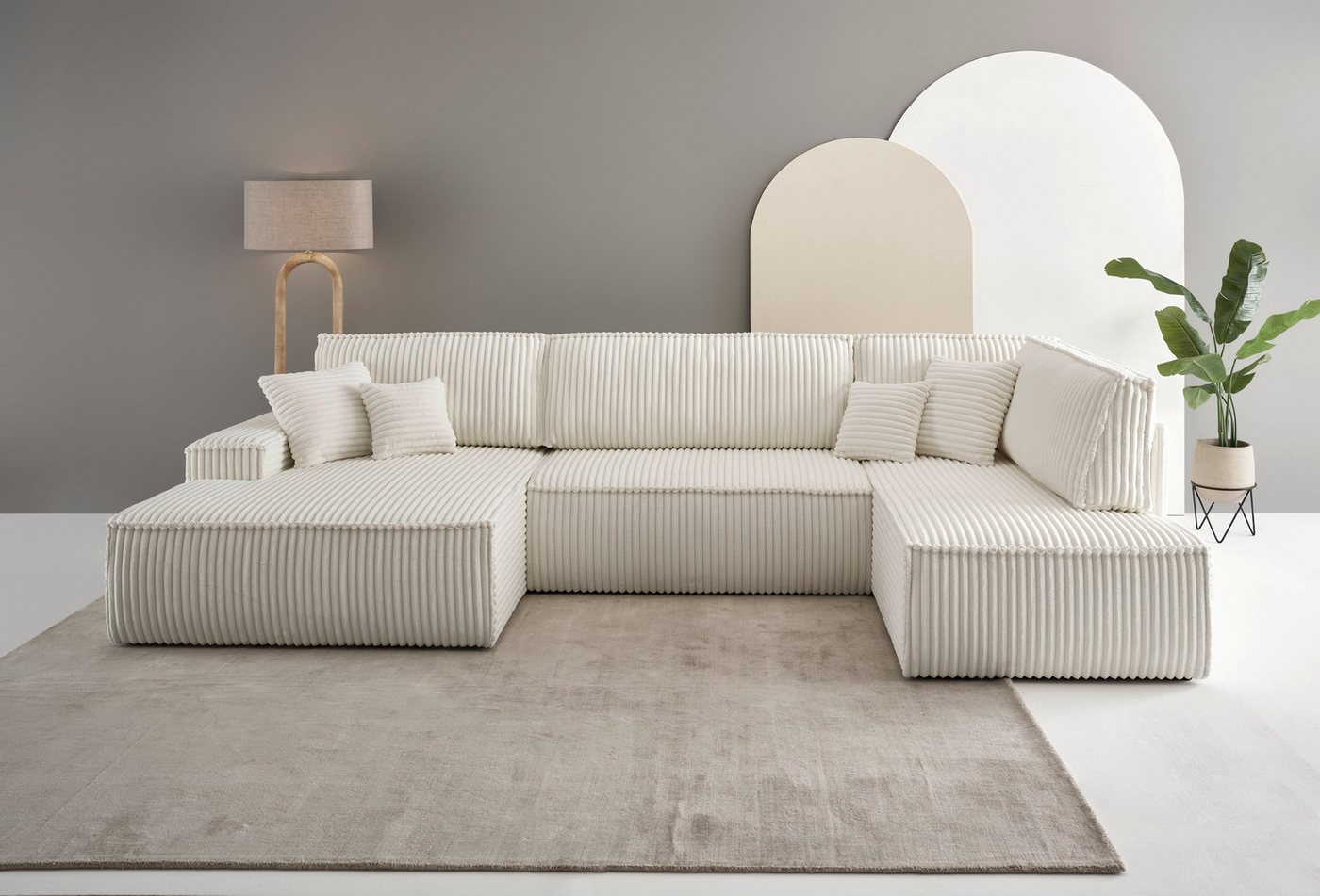 andas Wohnlandschaft FINNLEY U-Form XXL 329 cm, Schlafsofa, Schlaffunktion m. Bettkasten, (194/139 cm), Bouclé, Struktur und Cord von andas