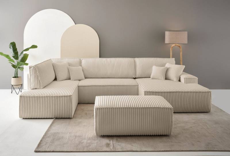 andas Wohnlandschaft FINNLEY U-Form XXL 329 cm, Schlafsofa, Schlaffunktion m. Bettkasten, (194/139 cm), Bouclé, Struktur und Cord von andas