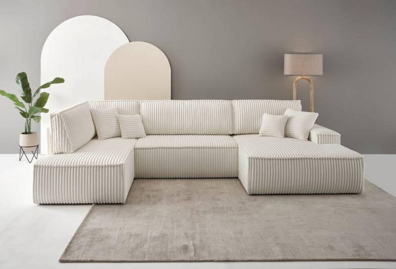 andas Wohnlandschaft FINNLEY U-Form XXL 329 cm, Schlafsofa, Schlaffunktion m. Bettkasten, (194/139 cm), Bouclé, Struktur und Cord von andas