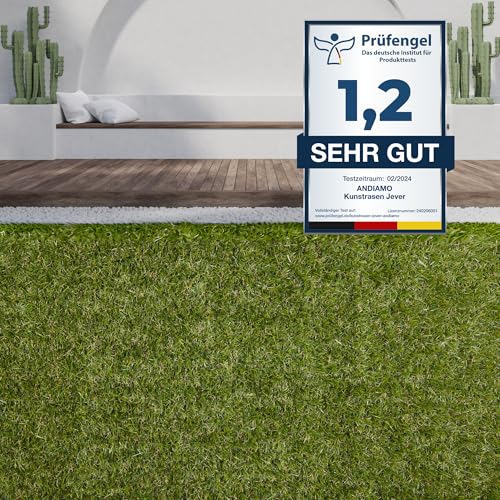 andiamo Kunstrasen Jever Outdoor Teppich wetterfest – Rasenteppich für Balkon & Terrasse, wasserdurchlässig mit Drainage-Noppen, robuster Balkon Bodenbelag in Grün – 133 x 600 cm von andiamo