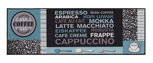 andiamo Teppich Läufer Cafe Creme - Küchenläufer Flur Läufer mit Kaffe Schriftzügen - Küchenteppich Küchenläufer 50 x 150 cm Grau-türkis von andiamo