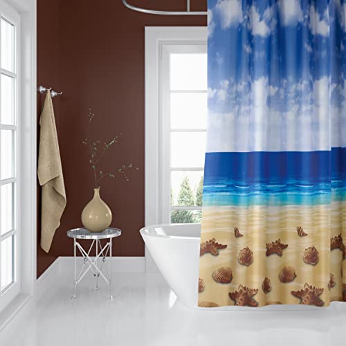 andija Wasserdicht Duschvorhang, 180x200cm Anti-Schimmel Antibakteriell Bad Vorhang, Waschbar Stoff Badezimmer Vorhang, Polyester Badewanne Vorhang mit 12 Duschvorhängeringen (Beach) von andija