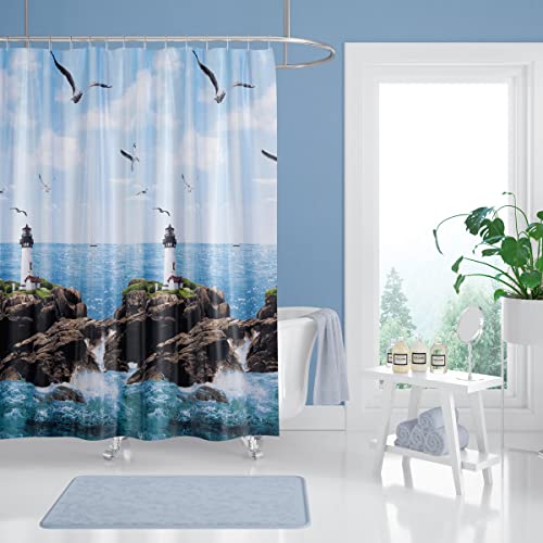 andija Wasserdicht Duschvorhang, 180x200cm Anti-Schimmel Antibakteriell Bad Vorhang, Waschbar Stoff Badezimmer Vorhang, Polyester Badewanne Vorhang mit 12 Duschvorhängeringen (Lighthouse) von andija