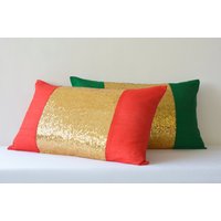 Rot Und Gold Kissenbezug, Kissenhülle Aus Roter Seide & Pailletten, Urlaub Dekor, Pailletten-Kissen, Dekor Kissen, Funkeln Kissen von anekdesigns