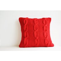 Rotes Handgestricktes Kissen Mit Perlmuttknöpfen , Weihnachtsdeko Weihnachtskissen Warmes Gemütliches Rotes Zopfmuster Kissenbezug von anekdesigns