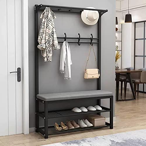 Garderobenständer mit Sitzbank,Freistehende Garderobe mit Schuhregal 3 Ablagen, Kleiderständer aus Metall mit 6 Haken und Sitzfläche, Industriestil, 100x30x172cm Weiß von angroups