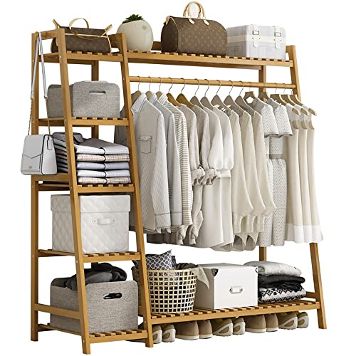 Kleiderständer aus Holz, Freistehender Garderobenständer mit 7 Ablage ，Verstärken Multifunktionale Garderobe mit 1 Kleiderstangestab für Schlafzimmer Flur, 130x40x140cm von angroups