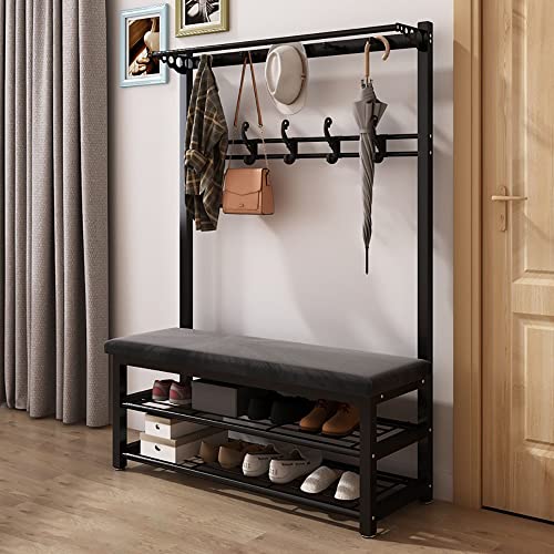 angroups Garderobenständer Schwarz, Garderobe Metall mit 2 Ablagen Schuhregal mit Sitzfläche, Kleiderständer mit 9 abnehmbaren Haken, und Sitzbank für Flur Schlafzimmer Wohnzimmer,172cm von angroups