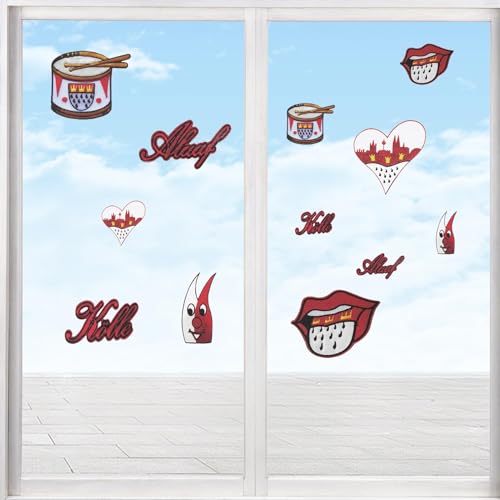 24 Stück Fensterbilder Karneval Rot Weiß Fensterdeko Karneval Köln Hippie Herz Alaaf Fenster Sticker Kinder Anti-Kollision Fensterfolie Glas Fensterdeko Aufklebe von animacoser