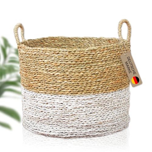 Lycce Wäschekorb mit Henkel | Korb geflochten aus Seegras | Wäschesammler, Aufbewahrungskorb für Spielzeug, Korb für Geschenke, Badezimmer Organizer | beige & weiß | Gr. 2 (Ø 40 x H 33 cm) von Lycce