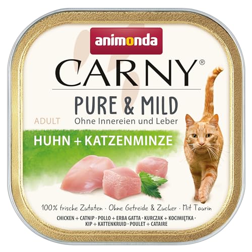 animonda Carny Adult Pure & Mild Huhn + Katzenminze (32 x 100 g), Nassfutter für sensible Katzen, Katzenfutter ohne Getreide und Zucker, leicht verdauliches Katzennassfutter mit Huhn von animonda Carny