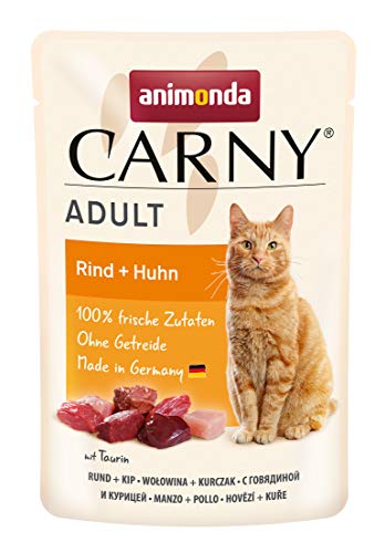 animonda Carny Katzenfutter nass Rind + Huhn, 12 Portionsbeutel (12 x 85g), getreidefreies Katzennassfutter ohne Zucker für ausgewachsene Katzen mit frischen fleischigen Zutaten von animonda Carny