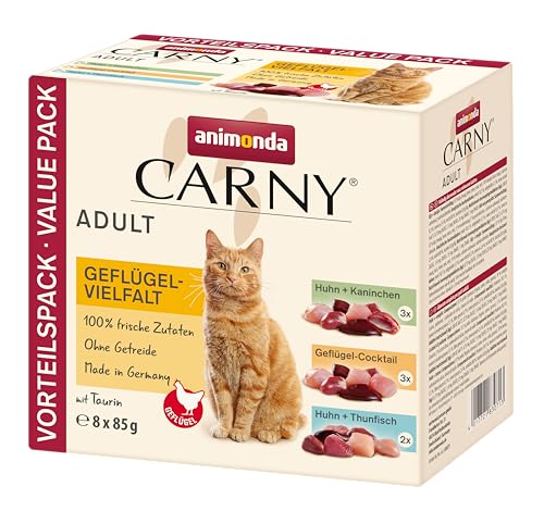 animonda Carny Katzenfutter nass Geflügel-Mix , 8 Portionsbeutel (8 x 85g), getreidefreies Katzennassfutter ohne Zucker für ausgewachsene Katzen mit frischen fleischigen Zutaten von animonda Carny