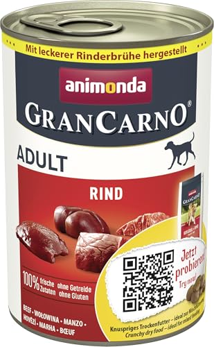 animonda GranCarno Hunde Nassfutter mit Rind pur (6 x 400 g), getreidefreies Hundenassfutter ohne Zucker, für ausgewachsene Hunde, mit frischen fleischigen Zutaten von Grancarno