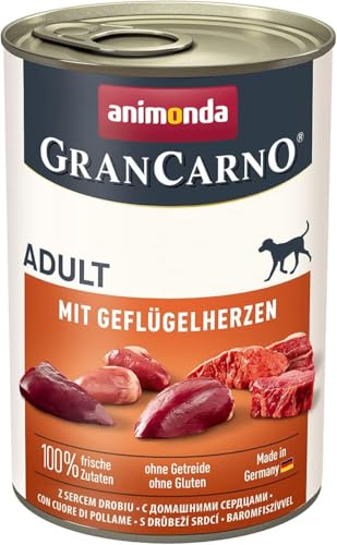 animonda GranCarno Adult mit Geflügelherzen (6 x 400 g), Hunde Nassfutter für ausgewachsene Tiere, Nassfutter für Hunde mit 100% frischen, fleischlichen Zutaten, Hundefutter ohne Getreide von Grancarno