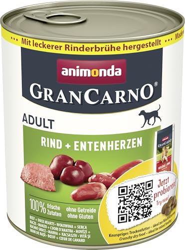 animonda GranCarno Hunde Nassfutter mit Rind + Entenherzen (6 x 800 g), getreidefreies Hundenassfutter ohne Zucker, für ausgewachsene Hunde, mit frischen fleischigen Zutaten von Grancarno