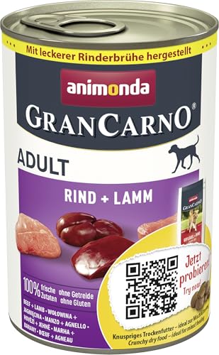 animonda GranCarno Hunde Nassfutter mit Rind + Lamm (6 x 400 g), getreidefreies Hundenassfutter ohne Zucker, für ausgewachsene Hunde, mit frischen fleischigen Zutaten von Grancarno