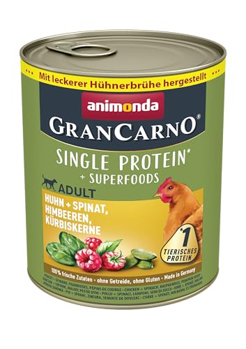 animonda GranCarno Hunde Nassfutter Superfoods Huhn + Spinat + Himbeeren (6 x800g), getreidefreies Hundenassfutter ohne Zucker, für ausgewachsene Hunde, mit frischen fleischigen Zutaten von Grancarno