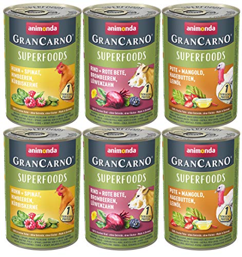animonda GranCarno Hunde Nassfutter Superfoods Variation (6 x 400g), getreidefreies Hundenassfutter ohne Zucker, für ausgewachsene Hunde, mit frischen fleischigen Zutaten animonda GranCarno Hunde Nassfutter Superfoods Variation (6 x 400g), getreidefreies Hundenassfutter ohne Zucker, für ausgewachsene Hunde, mit frischen fleischigen Zutaten von Grancarno