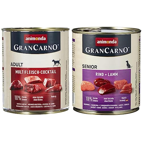 animonda GranCarno Adult Hundefutter, Nassfutter für Erwachsene Hunde, Multifleisch-Cocktail, 6 x 800 g & GranCarno Hundefutter Senior, Nassfutter für ältere Hunde ab 7 Jahren, Rind - Lamm, 6 x 800 g von animonda Vom Feinsten