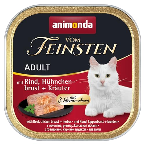 animonda vom Feinsten mit Schlemmerkern in Rind & Hühnchenbrust + Kräutern (32 x 100g), getreidefreies Katzenfutter nass ohne Zucker, mit frischen, fleischigen Zutaten von animonda Vom Feinsten