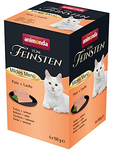 animonda vom Feinsten Mildes Menü Pute + Lachs (6 x 100g), getreidefreies Katzenfutter nass ohne Zucker, leicht verdauliches Katzenfutter mit Putenfleisch von animonda Vom Feinsten