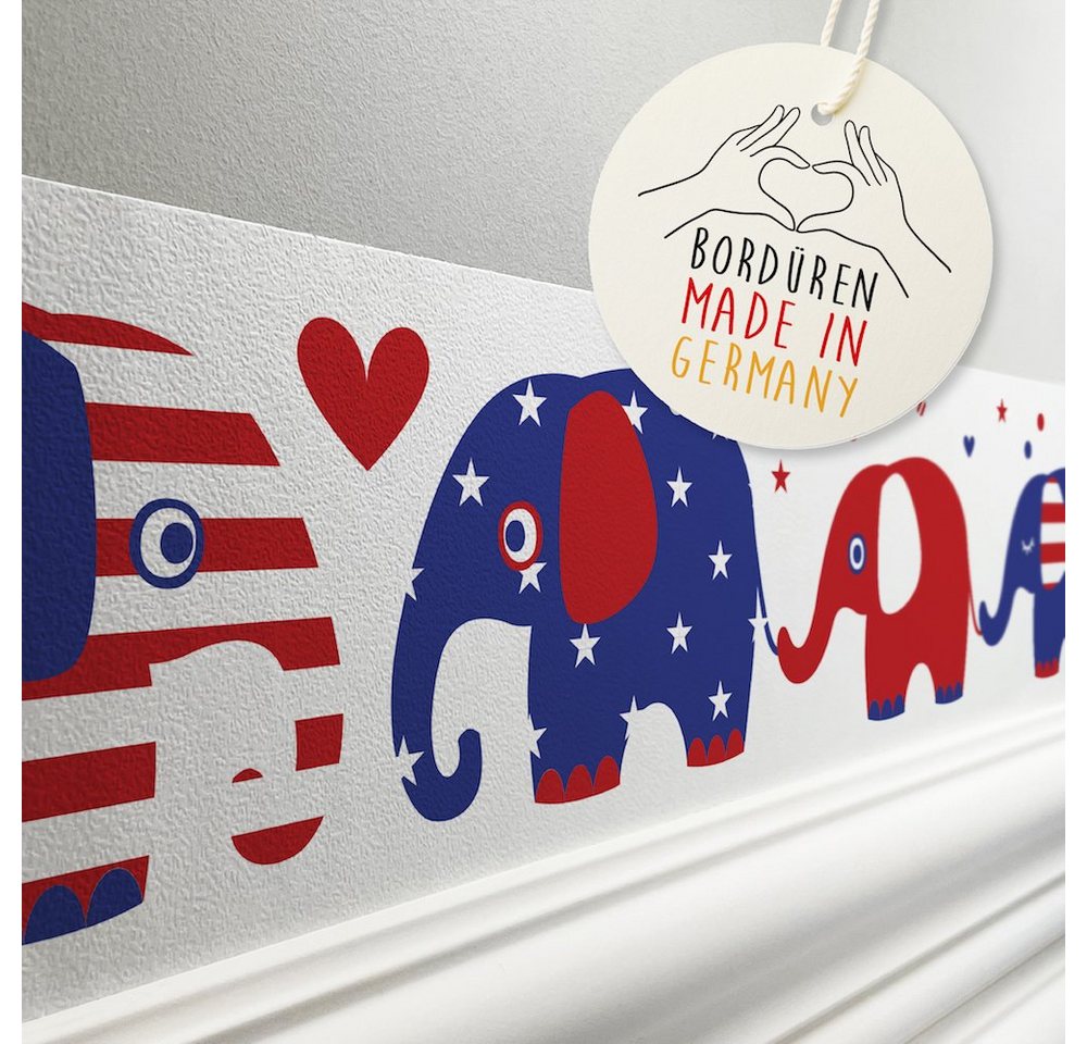 anna wand Bordüre United Elephants - Elefanten Stars & Stripes rot / blau / weiß - Kinderzimmerbordüre selbstklebend / Wanddeko Kinderzimmer von anna wand