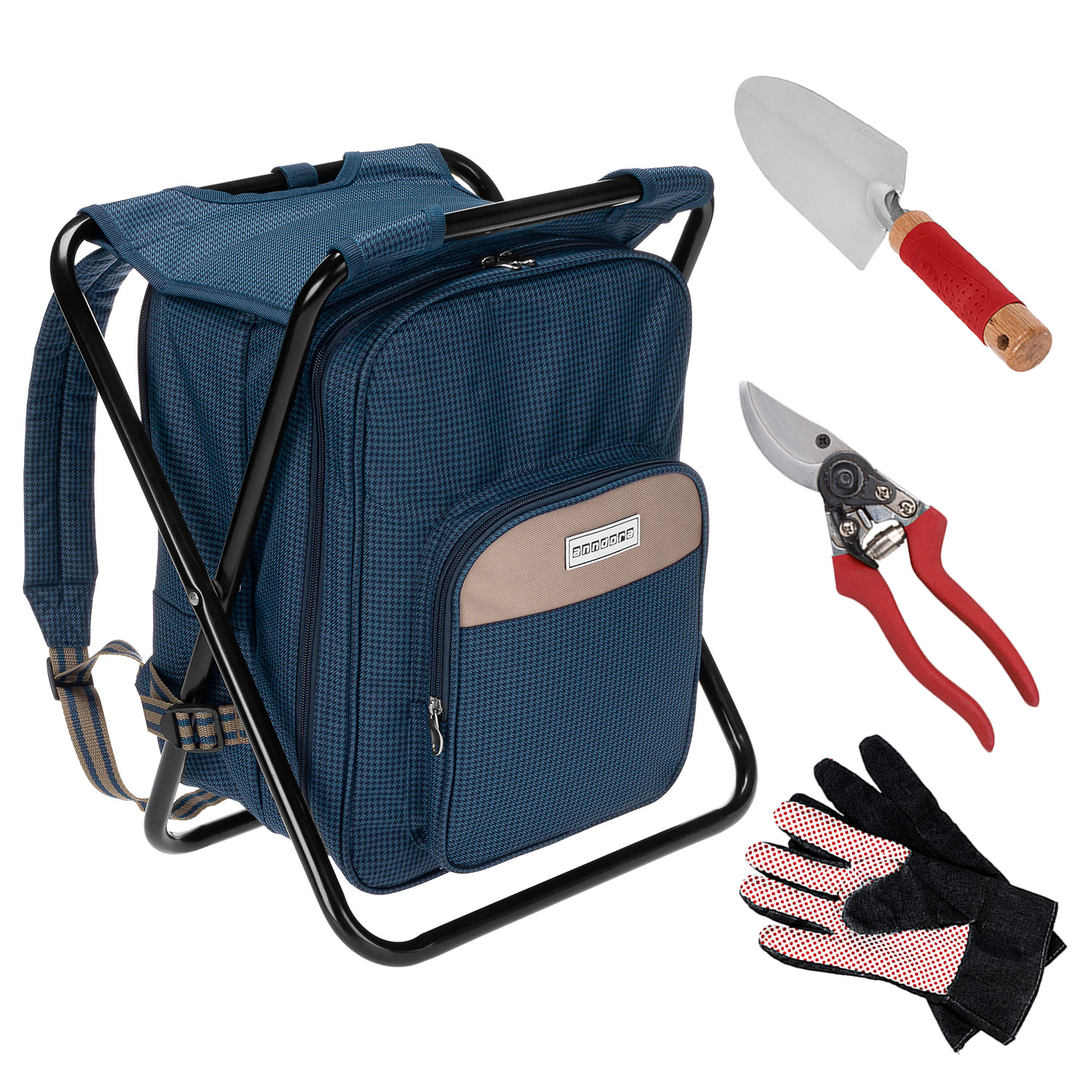 Campinghocker mit Picknickrucksack und Gartenset Schaufel und Handschuhe von anndora