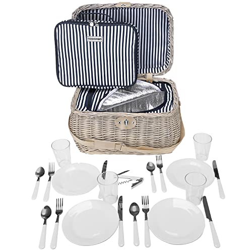 anndora Picknickkorb beige mit Isolierfach blau gestreift inkl. Zubehör 21 Teile - 4 Personen von anndora